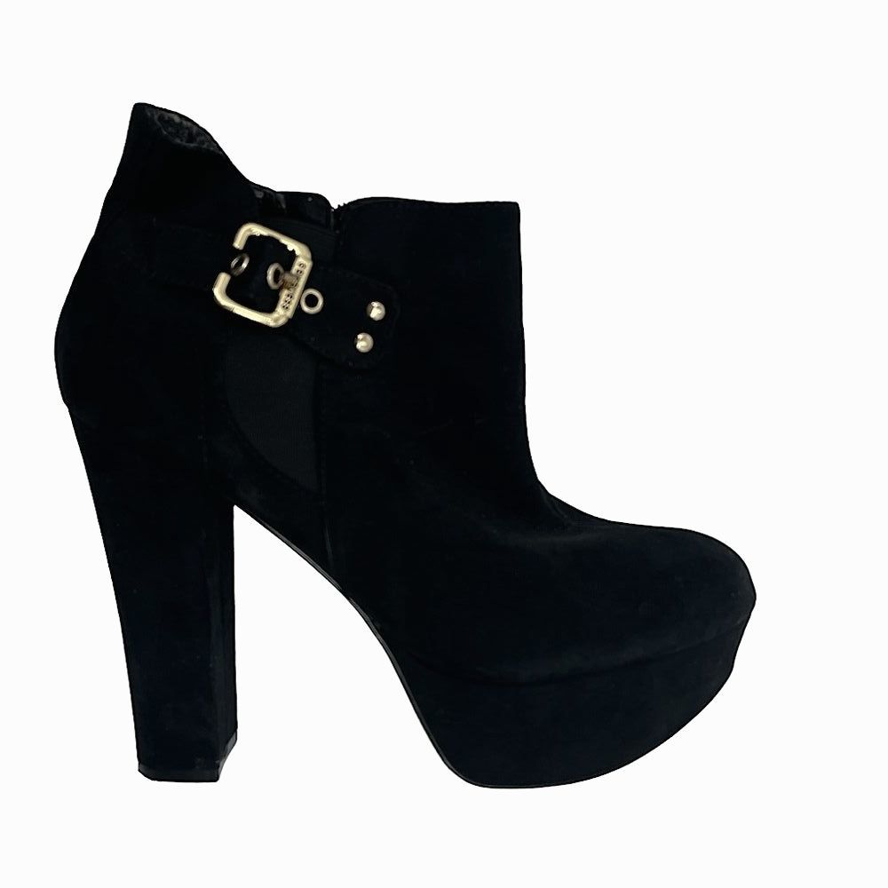 Guess High Heel Black Ankle Boots Block Heel Platform Tall Zip Gold Accents 7.5